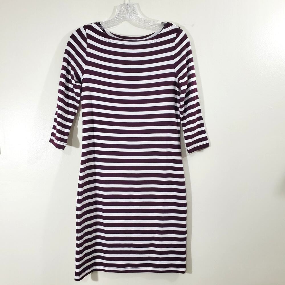 Gap Boatneck Dress Burgundy/White Stripe 3/4 Sleeve Fitted Size Small Petite NWT